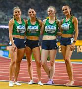 27 August 2023; The Ireland team, from left, Kelly McGrory, Sophie Becker, Roisin Harrison and Sharlene Mawdsley after finishing 8th in the Women's 4x400m Relay final during day nine of the World Athletics Championships at the National Athletics Centre in Budapest, Hungary. Photo by Sam Barnes/Sportsfile