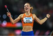 27 August 2023; Femke Bol of Netherlands celebrates after winning the Women's 4x400m Relay final during day nine of the World Athletics Championships at the National Athletics Centre in Budapest, Hungary. Photo by Sam Barnes/Sportsfile