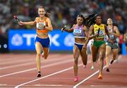 27 August 2023; Femke Bol of Netherlands, left, on her way to winning the Women's 4x400m Relay final during day nine of the World Athletics Championships at the National Athletics Centre in Budapest, Hungary. Photo by Sam Barnes/Sportsfile