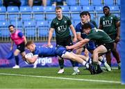 27 August 2023; Tom Murtagh of Leinster scores a try under pressure from Sean Rohan of Connacht during the U19 Men's Interprovincial Championship match between Leinster and Connacht at Energia Park in Dublin. Photo by Piaras Ó Mídheach/Sportsfile