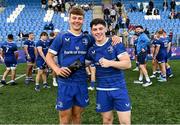 27 August 2023; Leinster players Todd Lawlor, left, and Andrew Doyle celebrate after their side's victory in the U19 Men's Interprovincial Championship match between Leinster and Connacht at Energia Park in Dublin. Photo by Piaras Ó Mídheach/Sportsfile
