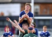 27 August 2023; Billy Corrigan of Leinster, supported by team-mate James Wyse, in action against Niall Tallon of Connacht during the U19 Men's Interprovincial Championship match between Leinster and Connacht at Energia Park in Dublin. Photo by Piaras Ó Mídheach/Sportsfile