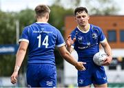 27 August 2023; Ciaran Mangan of Leinster, 14, celebrates with team-mate Sam Wisniewsk after scoring a try during the U19 Men's Interprovincial Championship match between Leinster and Connacht at Energia Park in Dublin. Photo by Piaras Ó Mídheach/Sportsfile