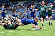 27 August 2023; Connor Fahy of Leinster scores his side's first try, under pressure from Tomas Farthing of Connacht, during the U19 Men's Interprovincial Championship match between Leinster and Connacht at Energia Park in Dublin. Photo by Piaras Ó Mídheach/Sportsfile