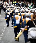26 August 2023; The Notre Dame Marching Band during the pre-match tailgate on Dame Street, renamed Notre Dame Street for the day, in Dublin ahead of the Aer Lingus College Football Classic match between Notre Dame and Navy in Dublin. Photo by Ramsey Cardy/Sportsfile