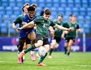 27 August 2023; Ronan O'Connor of Connacht is tackled by Callum Mulligan of Leinster during the U18 Clubs Interprovincial Championship match between Leinster and Connacht at Energia Park in Dublin. Photo by Piaras Ó Mídheach/Sportsfile