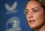 28 August 2023; Elise O'Byrne-White during a Leinster rugby women's media conference at Leinster HQ in Dublin. Photo by David Fitzgerald/Sportsfile