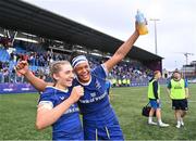 26 August 2023; Leinster players Anna Doyle, left, and Eimear Corri celebrate after their side's victory in the Vodafone Women’s Interprovincial Championship match between Leinster and Munster at Energia Park in Dublin. Photo by Piaras Ó Mídheach/Sportsfile