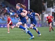 26 August 2023; Ruth Campbell of Leinster on her way to scoring her side's fourth try during the Vodafone Women’s Interprovincial Championship match between Leinster and Munster at Energia Park in Dublin. Photo by Piaras Ó Mídheach/Sportsfile