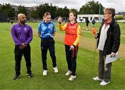 29 August 2023; Scorchers captain Sophie MacMahon, second from right, performs the coin toss alongside from left, match referee Azam Baig, Typhoons captain Louise Little and HBV Studios Commentator Craig Senior before the Evoke Super 50 Cup match between Scorchers and Typhoons at Railway Union Cricket Club in Dublin. Photo by Tyler Miller/Sportsfile