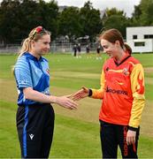 29 August 2023; Scorchers captain Sophie MacMahon, left, and Typhoons captain Louise Little shake hands before the Evoke Super 50 Cup match between Scorchers and Typhoons at Railway Union Cricket Club in Dublin. Photo by Tyler Miller/Sportsfile