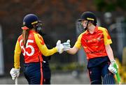 29 August 2023; Shauna Kavanagh, left, and Christina Coulter Reilly during the Evoke Super 50 Cup match between Scorchers and Typhoons at Railway Union Cricket Club in Dublin. Photo by Tyler Miller/Sportsfile