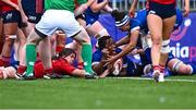 26 August 2023; Linda Djougang of Leinster celebrates after scoring her side's third try during the Vodafone Women’s Interprovincial Championship match between Leinster and Munster at Energia Park in Dublin. Photo by Piaras Ó Mídheach/Sportsfile