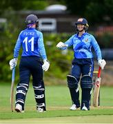 29 August 2023; Sarah Forbes, right, and Robyn Searle of Typhoons during the Evoke Super 50 Cup match between Scorchers and Typhoons at Railway Union Cricket Club in Dublin. Photo by Tyler Miller/Sportsfile