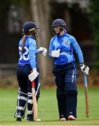 29 August 2023; Sarah Forbes, left, and Robyn Searle of Typhoons during the Evoke Super 50 Cup match between Scorchers and Typhoons at Railway Union Cricket Club in Dublin. Photo by Tyler Miller/Sportsfile