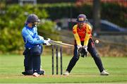29 August 2023; Robyn Searle of Typhoons hits a single to win during the Evoke Super 50 Cup match between Scorchers and Typhoons at Railway Union Cricket Club in Dublin. Photo by Tyler Miller/Sportsfile