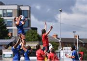 26 August 2023; Carla Cloney of Leinster wins possession in the lineout during the Girls Interprovincial Championship match between Leinster and Munster at Energia Park in Dublin. Photo by Piaras Ó Mídheach/Sportsfile