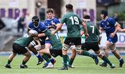27 August 2023; Joshua Chukwuemeka Ohagwa of Leinster is tackled by Thomas Cotton, left, and Joseph Smyth of Connacht during the U18 Clubs Interprovincial Championship match between Leinster and Connacht at Energia Park in Dublin. Photo by Piaras Ó Mídheach/Sportsfile