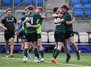 27 August 2023; Connacht players Ronan O'Connor and Jason Duggan, right, celebrate after their side's victory in the U18 Clubs Interprovincial Championship match between Leinster and Connacht at Energia Park in Dublin. Photo by Piaras Ó Mídheach/Sportsfile