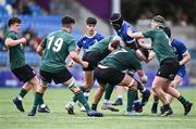 27 August 2023; Joshua Chukwuemeka Ohagwa of Leinster is tackled by Rory Lyons of Connacht, 7, during the U18 Clubs Interprovincial Championship match between Leinster and Connacht at Energia Park in Dublin. Photo by Piaras Ó Mídheach/Sportsfile