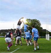 29 August 2023; Fionn Gilbert of Clontarf RFC and Diarmuid Mangan of Leinster contest a lineout during a Leinster rugby open training session at Clontarf RFC in Dublin. Photo by David Fitzgerald/Sportsfile