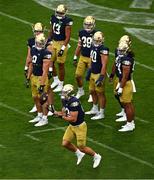 26 August 2023; Notre Dame tight end Justin Fisher #23 before the Aer Lingus College Football Classic match between Notre Dame and Navy Midshipmen at the Aviva Stadium in Dublin. Photo by Ben McShane/Sportsfile