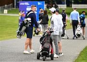 30 August 2023; Former Galway hurler Joe Canning, left, with Ireland and Munsters rugby players Joey Carbery, and Rory Scannell, hidden, during the Pro-Am event ahead of the KPMG Women's Irish Open Golf Championship at Dromoland Castle in Clare. Photo by Eóin Noonan/Sportsfile