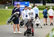 30 August 2023; Former Galway hurler Joe Canning, left, with Ireland and Munster rugby players Rory Scannell, centre, and Joey Carbery during the Pro-Am event ahead of the KPMG Women's Irish Open Golf Championship at Dromoland Castle in Clare. Photo by Eóin Noonan/Sportsfile