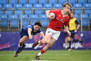 30 August 2023; Billy McCarthy of Munster evades the tackle of Conor O’Shaughnessy of Leinster during the U18 Schools Interprovincial Championship match between Leinster and Munster at Energia Park in Dublin. Photo by Harry Murphy/Sportsfile