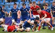 30 August 2023; Dermot Collins of Leinster is tackled by Ian Morton of Munster during the U18 Schools Interprovincial Championship match between Leinster and Munster at Energia Park in Dublin. Photo by Harry Murphy/Sportsfile