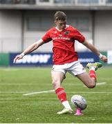 30 August 2023; Tom Wood of Munster kicks a conversion during the U18 Schools Interprovincial Championship match between Leinster and Munster at Energia Park in Dublin. Photo by Giselle O'Donoghue/Sportsfile