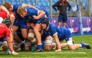 30 August 2023; Leinster and Munster players prepare to scrum before the U18 Schools Interprovincial Championship match between Leinster and Munster at Energia Park in Dublin. Photo by Giselle O'Donoghue/Sportsfile