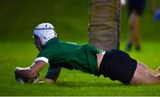 30 August 2023; Cillian McElwee of South East dives over to score his side's first try during the BearingPoint Shane Horgan Cup match between South East and Metro at Cill Dara RFC in Kildare. Photo by Tyler Miller/Sportsfile