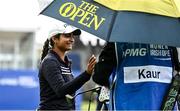 31 August 2023; Gurleen Kaur of USA after reacts after chipping in for birdie on the 18th hole during day one of the KPMG Women's Irish Open Golf Championship at Dromoland Castle in Clare. Photo by Eóin Noonan/Sportsfile