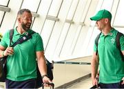 31 August 2023; Ireland head coach Andy Farrell, left, and Jonathan Sexton pictured at Dublin Airport ahead of Ireland's flight to France for the 2023 Rugby World Cup. Photo by Harry Murphy/Sportsfile