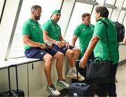 31 August 2023; Ireland head coach Andy Farrell, left, talks to Ireland players, from left, Tadhg Beirne, Tadhg Furlong, and IRFU performance director David Nucifora at Dublin Airport ahead of Ireland's flight to France for the 2023 Rugby World Cup. Photo by Harry Murphy/Sportsfile