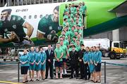 31 August 2023; The Ireland squad pose for a team photograph before their departure at Dublin Airport ahead of Ireland's flight with Aer Lingus to France for the 2023 Rugby World Cup. Photo by Harry Murphy/Sportsfile