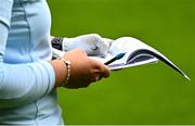 31 August 2023; Aideen Walsh of Ireland reviews her yardage book during day one of the KPMG Women's Irish Open Golf Championship at Dromoland Castle in Clare. Photo by Eóin Noonan/Sportsfile