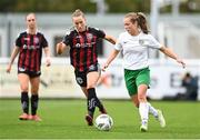27 August 2023; Claire Marie O'Reilly of Cabinteely in action against Fiona Donnelly of Bohemians during the Sports Direct Women’s FAI Cup first round match between Cabinteely and Bohemians at Carlisle Grounds in Bray, Wicklow. Photo by Stephen McCarthy/Sportsfile