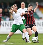 27 August 2023; Orla Haran of Cabinteely in action against Kira Bates Crosbie of Bohemians during the Sports Direct Women’s FAI Cup first round match between Cabinteely and Bohemians at Carlisle Grounds in Bray, Wicklow. Photo by Stephen McCarthy/Sportsfile