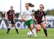 27 August 2023; Claire Marie O'Reilly of Cabinteely in action against Katie Burdis of Bohemians during the Sports Direct Women’s FAI Cup first round match between Cabinteely and Bohemians at Carlisle Grounds in Bray, Wicklow. Photo by Stephen McCarthy/Sportsfile