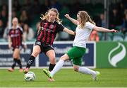 27 August 2023; Anna Hegarty of Bohemians in action against Orla Haran of Cabinteely during the Sports Direct Women’s FAI Cup first round match between Cabinteely and Bohemians at Carlisle Grounds in Bray, Wicklow. Photo by Stephen McCarthy/Sportsfile