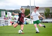 27 August 2023; Katie Malone of Bohemians in action against Chloe O'Brien of Cabinteely during the Sports Direct Women’s FAI Cup first round match between Cabinteely and Bohemians at Carlisle Grounds in Bray, Wicklow. Photo by Stephen McCarthy/Sportsfile