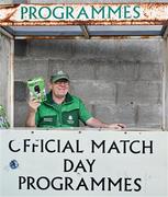 1 September 2023; Shamrock Rovers volunteer Martin Genockey sells match programmes before the SSE Airtricity Men's Premier Division match between Shamrock Rovers and Bohemians at Tallaght Stadium in Dublin. Photo by Tyler Miller/Sportsfile
