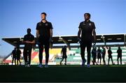 1 September 2023; Bartlomiej Kukulowicz, left, and Jonathan Afolabi of Bohemians before the SSE Airtricity Men's Premier Division match between Shamrock Rovers and Bohemians at Tallaght Stadium in Dublin. Photo by Stephen McCarthy/Sportsfile