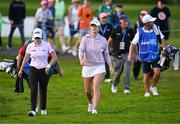 1 September 2023; Áine Donegan of Ireland, centre, and Leona Maguire of Ireland, left, walk up the 18th fairway during day two of the KPMG Women's Irish Open Golf Championship at Dromoland Castle in Clare. Photo by Eóin Noonan/Sportsfile