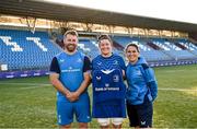 1 September 2023; Leinster women's captain Hannah O'Connor, centre, with Contact skills coach Sean O'Brien and head coach Tania Rosser during a Leinster rugby women's jersey presentation at Energia Park in Dublin. Photo by David Fitzgerald/Sportsfile
