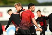 1 September 2023; Greg Sloggett, left, and Patrick Hoban of Dundalk before the SSE Airtricity Men's Premier Division match between Dundalk and Derry City at Oriel Park in Dundalk, Louth. Photo by Ramsey Cardy/Sportsfile