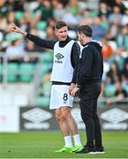 1 September 2023; Ronan Finn of Shamrock Rovers and Shamrock Rovers manager Stephen Bradley before the SSE Airtricity Men's Premier Division match between Shamrock Rovers and Bohemians at Tallaght Stadium in Dublin. Photo by Tyler Miller/Sportsfile