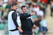 1 September 2023; Shamrock Rovers manager Stephen Bradley issues instructions to Ronan Finn before the SSE Airtricity Men's Premier Division match between Shamrock Rovers and Bohemians at Tallaght Stadium in Dublin. Photo by Tyler Miller/Sportsfile